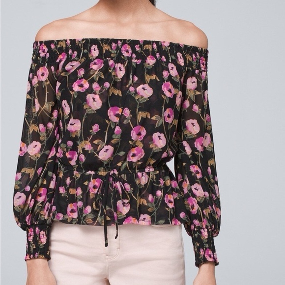 White House Black Market Floral-Print Off-The-Shoulder Mesh Top Size xs